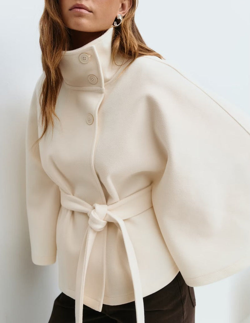 Winter High Neck Batwing Sleeve Coat With Belt Fashion Loose Elegant Button Top Trench Coat For Women Clothing