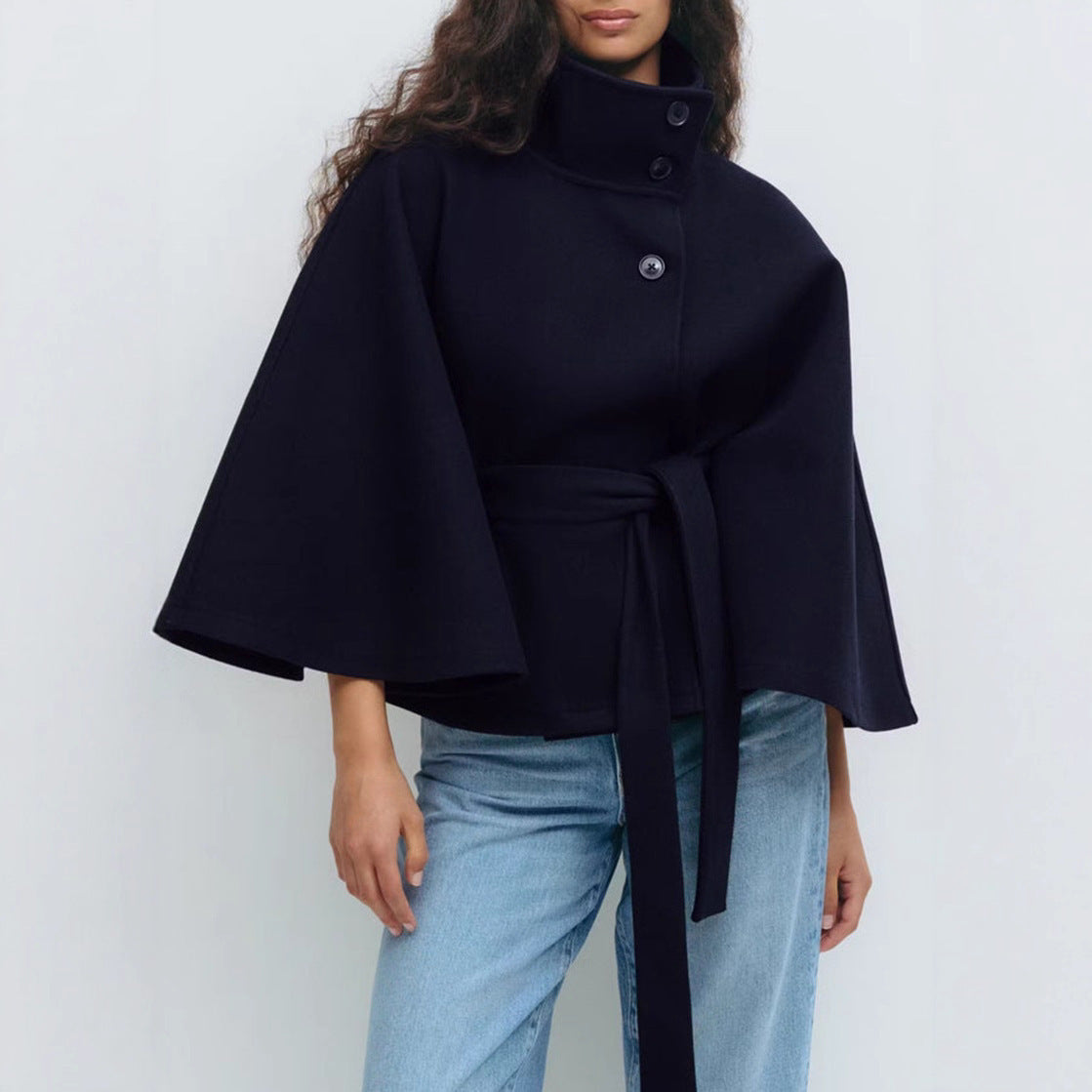 Winter High Neck Batwing Sleeve Coat With Belt Fashion Loose Elegant Button Top Trench Coat For Women Clothing