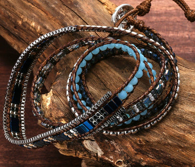 Weaving And Layering Black Gallstones Hand Wrapped Bracelet