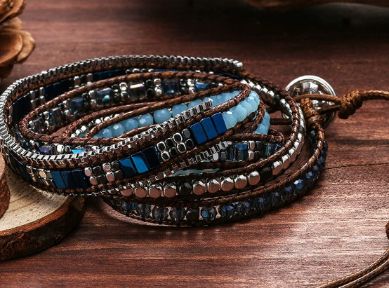 Weaving And Layering Black Gallstones Hand Wrapped Bracelet