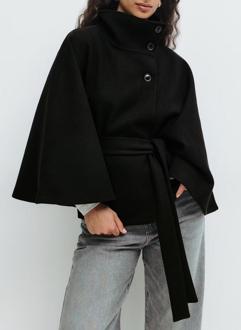 Winter High Neck Batwing Sleeve Coat With Belt Fashion Loose Elegant Button Top Trench Coat For Women Clothing