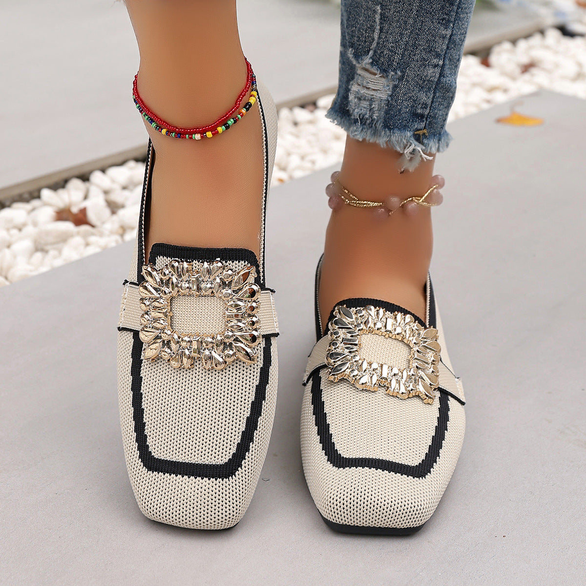 Flyknit Slip-on Square Toe Rhinestone Breathable Plus Size Women's Flat Shoes