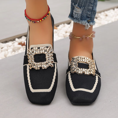 Flyknit Slip-on Square Toe Rhinestone Breathable Plus Size Women's Flat Shoes
