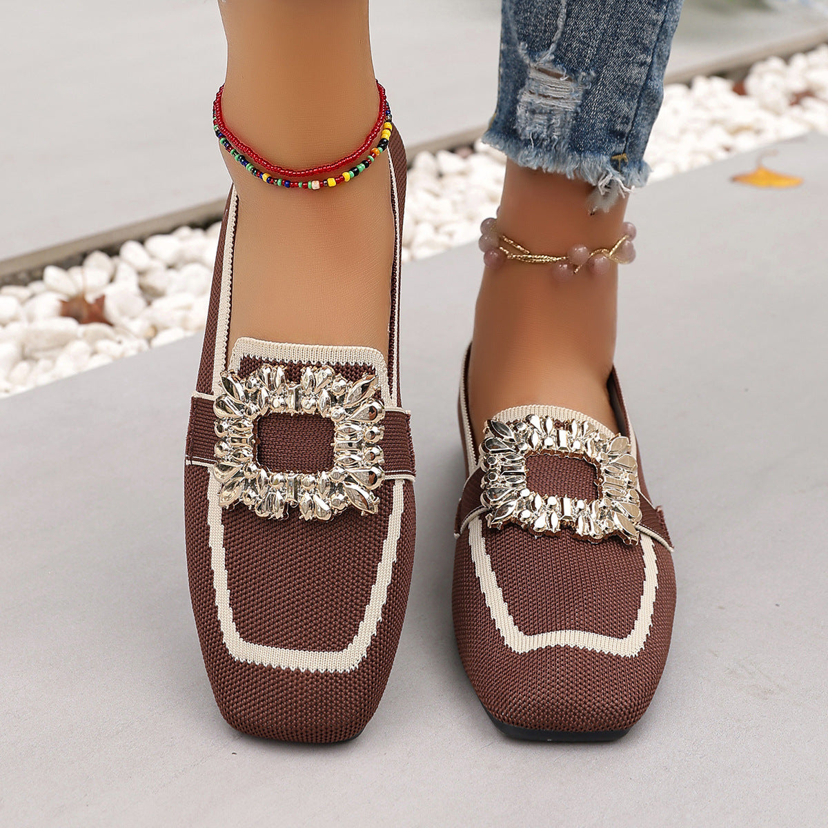 Flyknit Slip-on Square Toe Rhinestone Breathable Plus Size Women's Flat Shoes