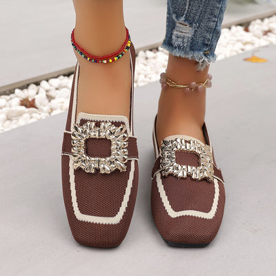 Flyknit Slip-on Square Toe Rhinestone Breathable Plus Size Women's Flat Shoes