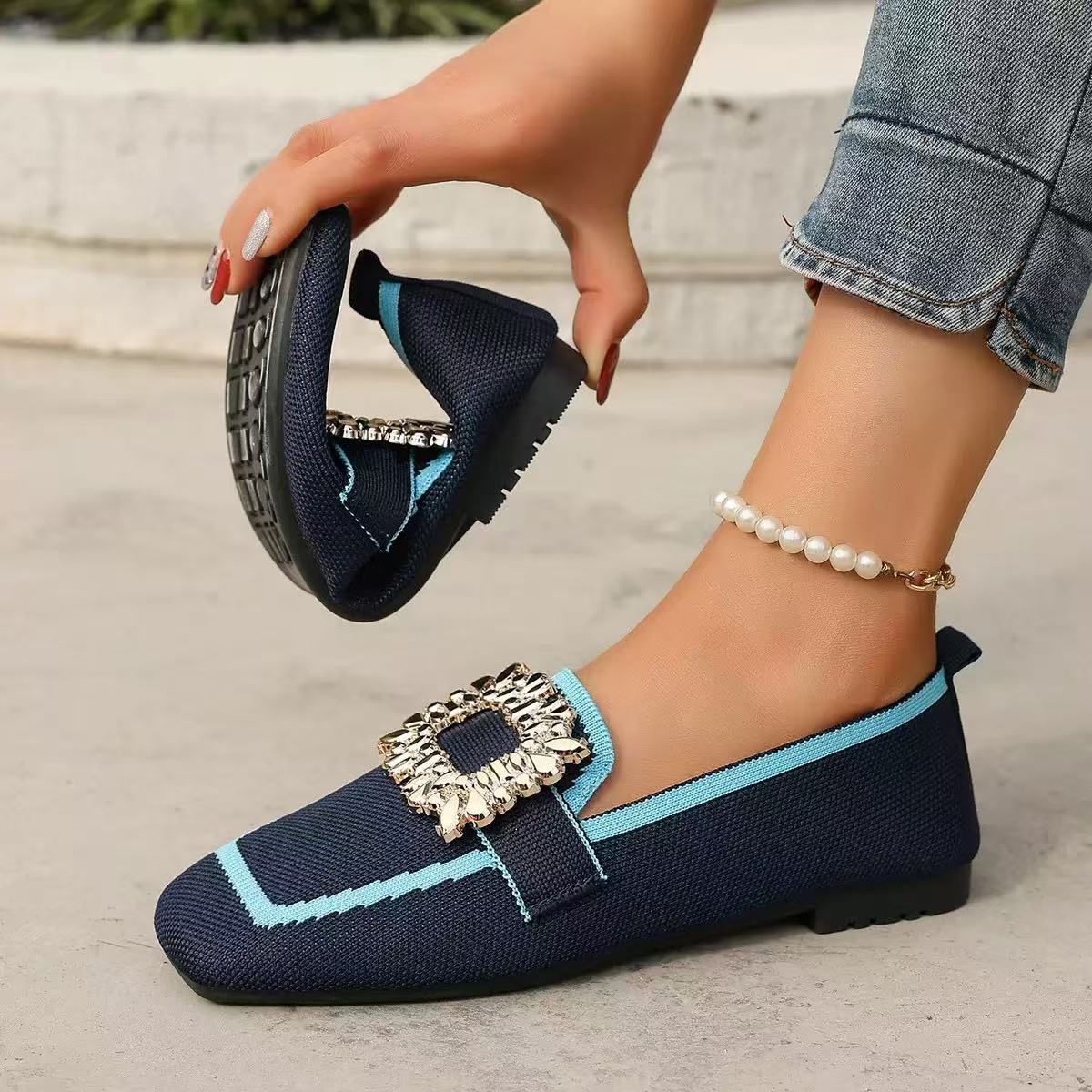Flyknit Slip-on Square Toe Rhinestone Breathable Plus Size Women's Flat Shoes