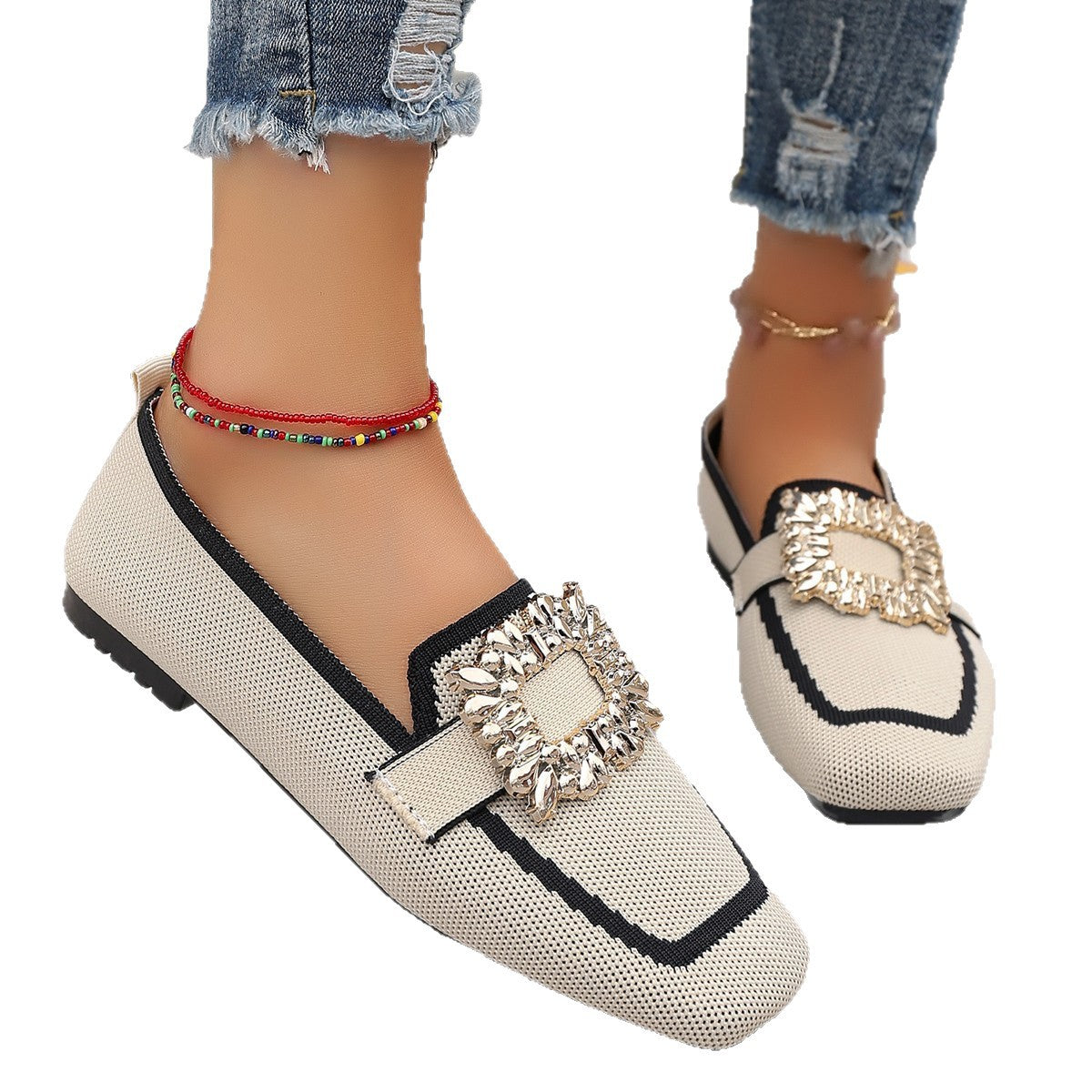 Flyknit Slip-on Square Toe Rhinestone Breathable Plus Size Women's Flat Shoes