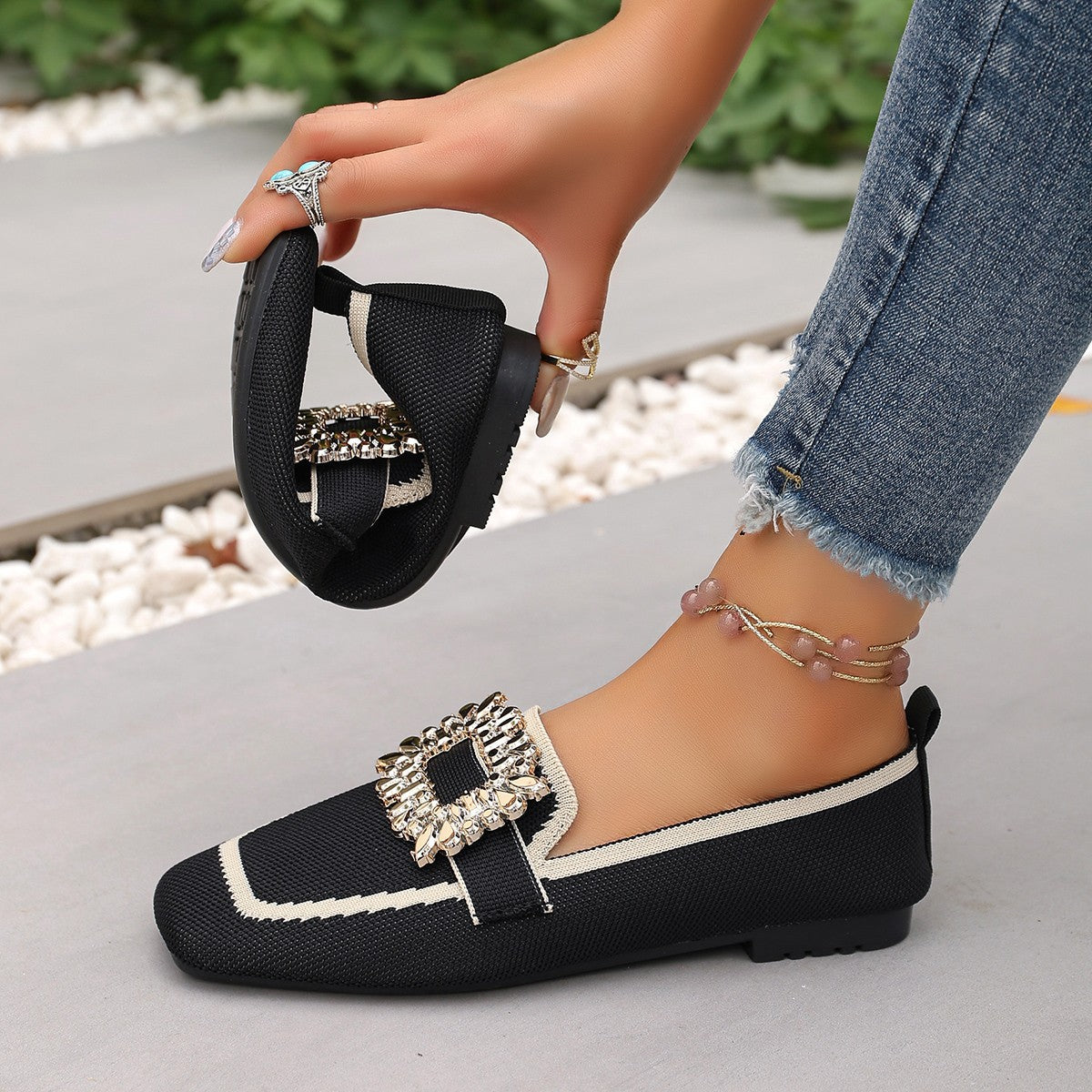 Flyknit Slip-on Square Toe Rhinestone Breathable Plus Size Women's Flat Shoes