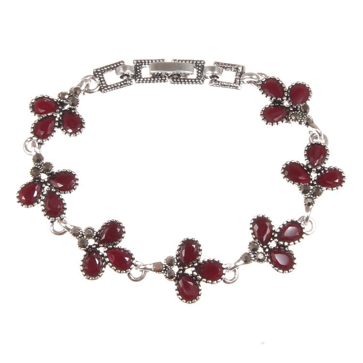 Vintage Gothic Three-color Gem Silver-plated Diamond Three-leaf Women's Bracelet